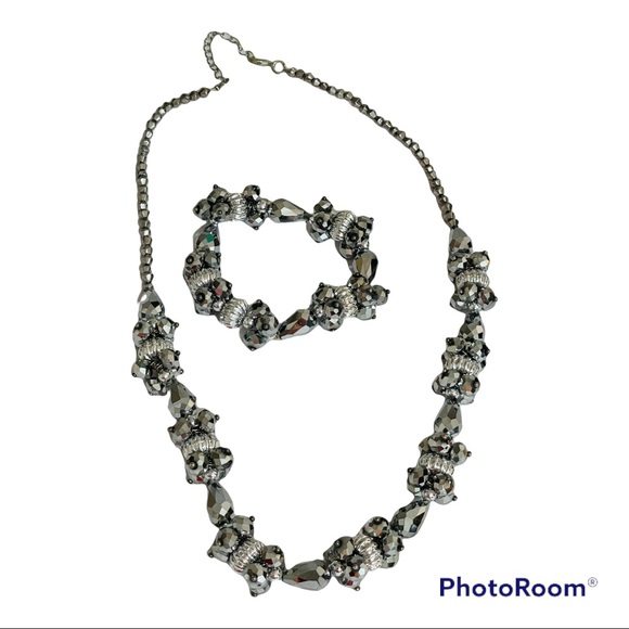 VINTAGE Czech Glass Silver Faceted Beaded Necklace and Bracelet Jewelry Set - Picture 2 of 8